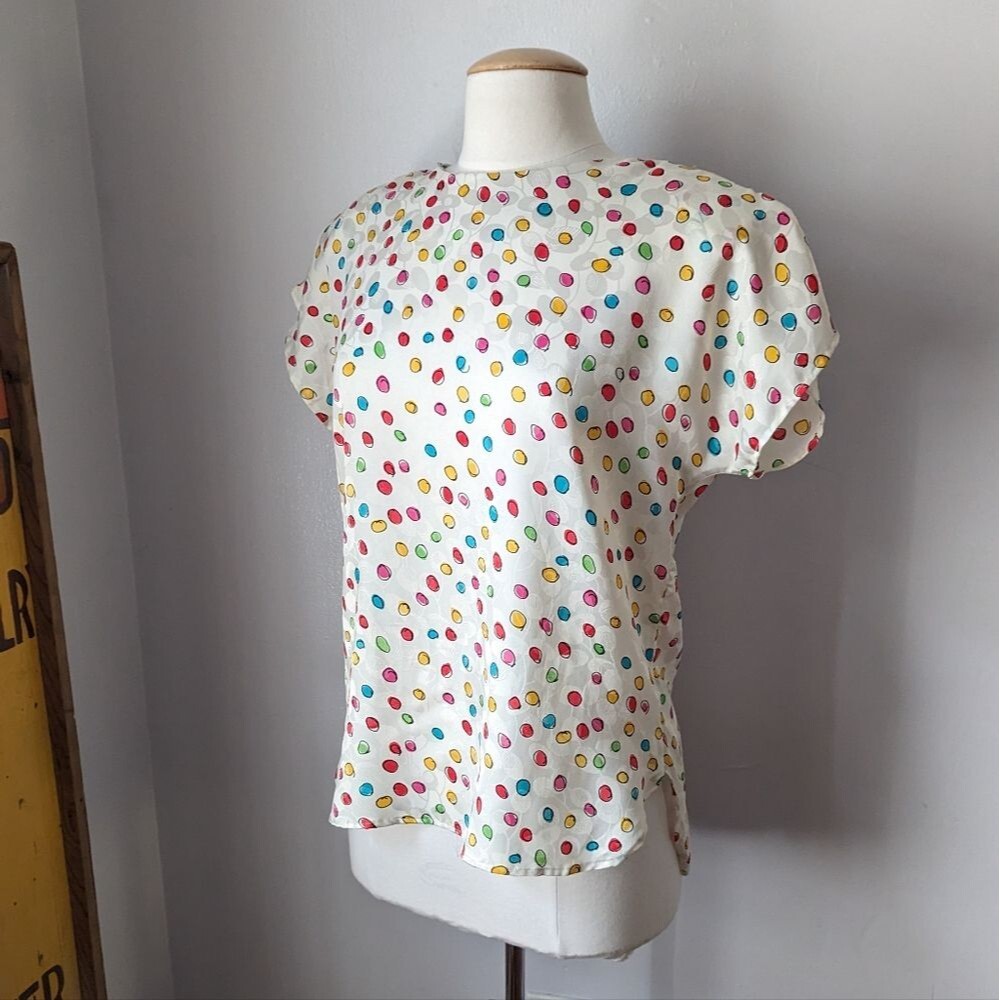 Vintage White Crew Neck Short Sleeve Padded Shoulder Polka Dot Blouse Size M